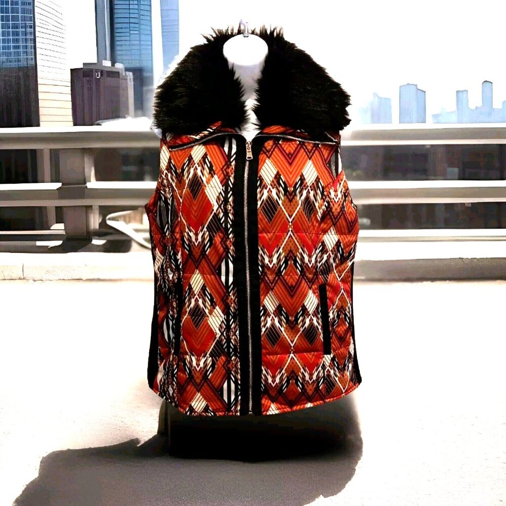Rafaella Womens Large Lined Vest Sleeveless Quilted Polyester Collared Faux Fur‎